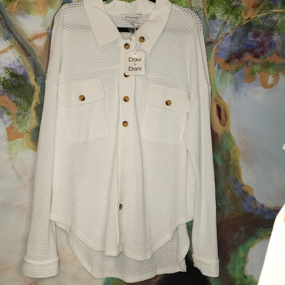 Davi and Dani White Waffle Knit Button-Up Sweater